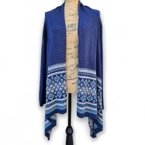 Lands' End Open Front Cardigan - Navy Blue Fair Isle Knit Sweater, Size L/P